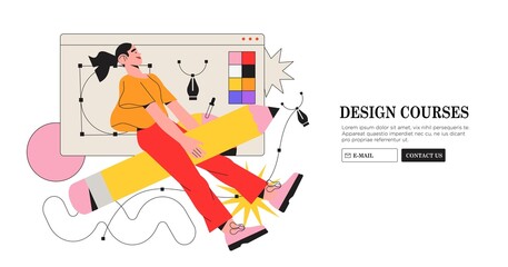 Wall Mural - woman designer flying on pencil. creative or educational process banner, ad, landing page or poster 