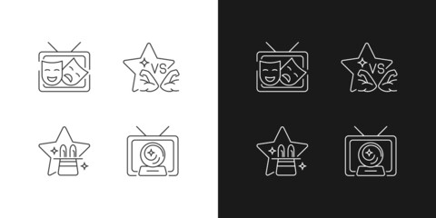 Sticker - TV shows genres linear icons set for dark and light mode. Drama series. Talent contest. Mystical serial. Customizable thin line symbols. Isolated vector outline illustrations. Editable stroke