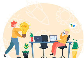 Wall Mural - Bright idea development, successful teamwork flat design concept with business people and light bulb. Innovation idea and creative modern business. People working with laptop in office, communicating