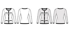 Blazer Jacket Like Chanel Suit Technical Fashion Illustration With Long Sleeves, Patch Pockets, Fitted Body, Button Closure. Flat Coat Template Front, Back, White, Grey Color Style. Women, Men Mockup