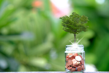 Sticker - Coin on table background and business or finance saving money, Advertising coins of finance and banking, Gold coins stacked on table background, banking and account for money in finance. 