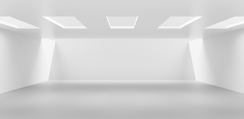Poster - White interior room wall background and abstract light modern home floor empty architecture design on indoor blank space decoration backdrop display with contemporary concept. 3D rendering.