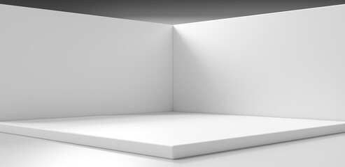 White product background and empty blank space corner room wall abstract minimal modern design display on interior stage platform pedestal podium scene backdrop with studio showcase. 3D rendering.