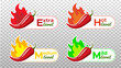 Icons with Chili Pepper Spice Levels. Hot pepper sign with fire flame for packing spicy food. Mild, medium and extra hot pepper sauce stickers. Vector illustration.