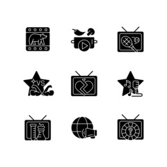 Sticker - TV black glyph icons set on white space. Wildlife documentary. Cookery show. Tennis competition. Sports reality program. Soap opera. Silhouette symbols. Vector isolated illustration