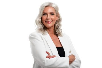 Wall Mural - Studio portrait of grey haired senior woman looking at camera and smiling while standing at isolated white background. Copy space.