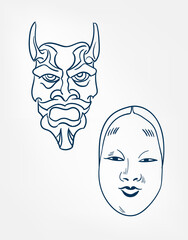 Wall Mural - oni samurai mask set vector line art sketch japanese design isolated