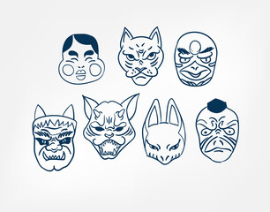 Wall Mural - oni samurai mask set vector line art sketch japanese design isolated