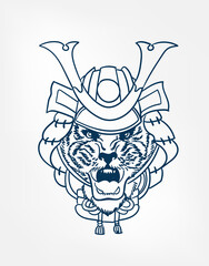 Wall Mural - tiger oni samurai mask vector line art sketch japanese design isolated