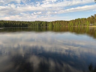 Forest lake with blue water. Sunny summer day in the calm smooth water of the lake reflects the blue sky and white clouds and the green forest standing along the shores of the lake.