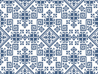 Poster - Zmijanjski vez embroidery style vector seamless pattern - textile or fabric print ispired by cross-stitch folk art designs from Bosnia and Herzegovina 
