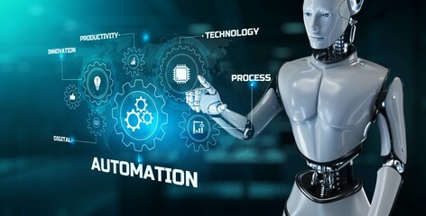 Robotic business process workflow Automation RPA. Robot pressing button on screen 3d render.