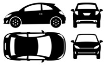 Compact Car Silhouette On White Background. Vehicle Icons Set View From Side, Front, Back, And Top