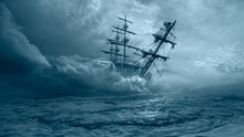 An Old Sailing Ship In The Mist Sails Towards The Rocks - Sailing Old Ship In A Storm Sea In The Background Stormy Clouds