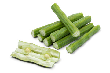 Sticker - Fresh raw green moringa beans and cutting with seed isolated on white background