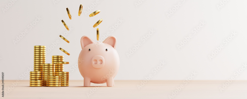 Golden coins flying and floating to piggy bank for creative financial saving and deposit concept with copy space , 3d render. - obrazy, fototapety, plakaty 