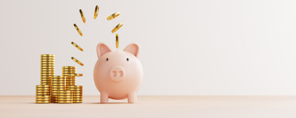 golden coins flying and floating to piggy bank for creative financial saving and deposit concept wit