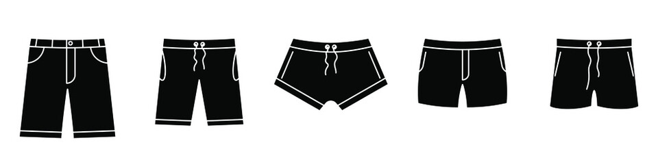 Swimming trunks icon. Set of black shorts icons. Vector illustration. Swimming trunks vector icons.