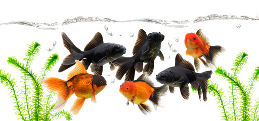 Wall Mural - Colony of  Goldfish swimming isolated on white background