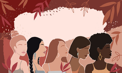 Wall Mural - Women of different races together on an abstract autumn background with leaves. modern  flat illustration.  for poster, postcard, banner, magazine cover..