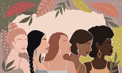 Wall Mural - Women of different races together on an abstract autumn background with leaves. modern  flat illustration.  for poster, postcard, banner, magazine cover..