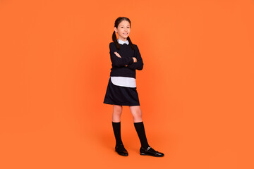 Sticker - Full body photo of happy cheerful little girl hold hands crossed academic isolated on orange color background