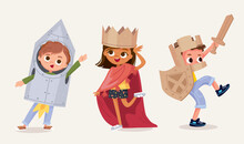 Small Children Dressed Up In Astronaut, Rocket, Knight, Princess, Queen Costume Standing In Various Poses Isolated Vector Illustration. New Look For Kids Costume Party. Dressing Up For Party, Carnival