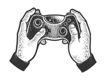 Gamepad Joystick Controller In Hands Sketch Engraving Vector Illustration. T-shirt Apparel Print Design. Scratch Board Imitation. Black And White Hand Drawn Image.