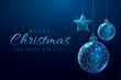 Wireframe christmas balls and star, low poly style. Merry Christmas and New Year banner. Abstract modern 3d vector illustration on blue background.
