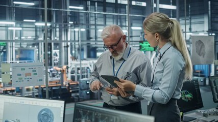 Poster - Car Factory Office: Scientist Talks with Senior Engineer, Use Tablet Computer to Design Production Conveyor for Advanced Power Engines. Automated Robot Arm Assembly Line Manufacturing Vehicles