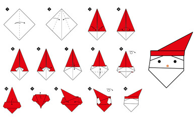 Poster - How to make simple  origami santa claus head. Step by step color DIY instructions. Outline vector illustration.