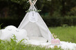 Beautiful photo session set up for baby girl celebrating one year old birthday, outdoor at summer with white wigwam, blanket, balloon. Delicious biscuit cake with butter cream and candle one