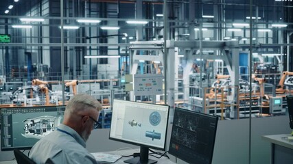 Leinwandbilder - Car Factory Office: Male Chief Automotive Engineer Sitting at His Desk Working on Computer. Monitoring, Control, Equipment Design. Automated Robot Arm Assembly Line Manufacturing Vehicles