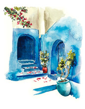 Blue Street From Morocco. Watercolor Hand Drawn Illustration