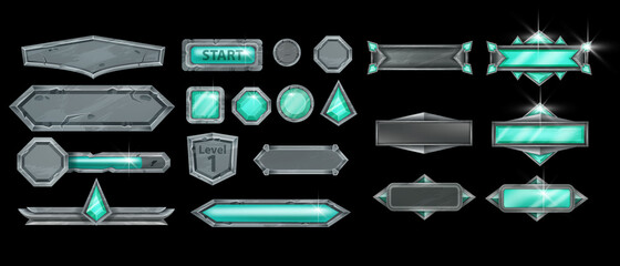 Stone UI game frame set, rock vector user interface button kit, green gemstone, magic assets collection. Gray sign board, crystal design element, jewel mobile app blocks. Medieval cracked stone frame