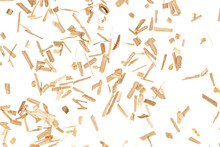 Oak Chips Sawdust Isolated White Background. Small Wood Chips For Smoking. Sawdust Texture . Ecological Fuel