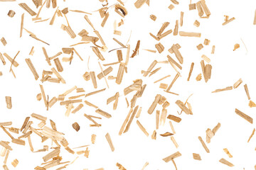 Oak chips sawdust isolated white background. small wood chips for smoking. sawdust texture . ecological fuel