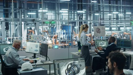 Leinwandbilder - Car Factory Office: Diverse Team of Engineers Working on Computers, Design Advanced 3D Model for Green Energy Electric Engine. Automated Robot Arm Assembly Line, Vehicle Manufacturing Facility