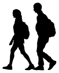 Sticker - Young man and woman walking at street. Isolated silhouette on a white background