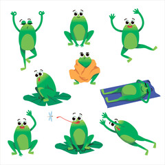 Wall Mural - Cute green toad cartoon character vector illustrations set. Jumping, relaxing, dancing, meditating, sitting, waving frog drawings isolated on white background. Wildlife, nature, animals concept