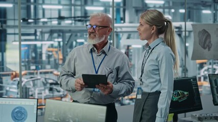 Poster - Car Factory: Female Project Manager Talks to Male Automotive Engineer, Plan Strategy Using Tablet Computer. Automated Robot Arm Assembly Line Production Conveyor Manufacturing Electric Vehicles 