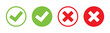 Check mark or checkbox pictogram icons set. Green tick icons. Green and red check mark icon. Circle tick approved symbol.