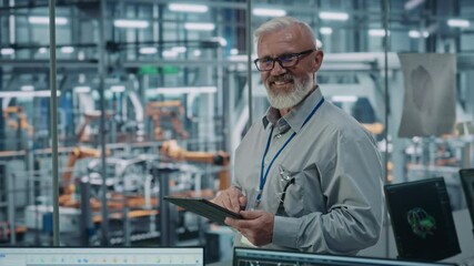 Poster - Car Factory Office: Portrait of Senior White Male Chief Engineer Using Tablet Computer in Automated Robot Arm Assembly Line Manufacturing High-Tech Electric Vehicles. Looking at Camera and Smiling
