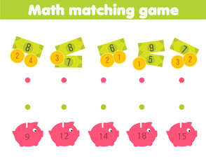 Mathematics matching educational children activity. Study counting money for kids and preschool. Match piggy bank with coins