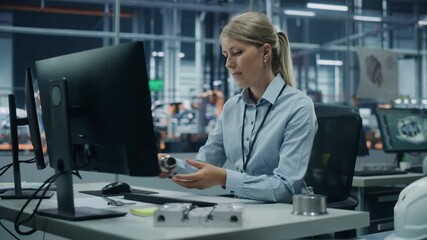 Aufkleber - Car Factory Office: Portrait of Confident Female Chief Engineer Working on Desktop Computer. Professional Technician in Automated Robot Arm Assembly Line Manufacturing High-Tech Electric Vehicles