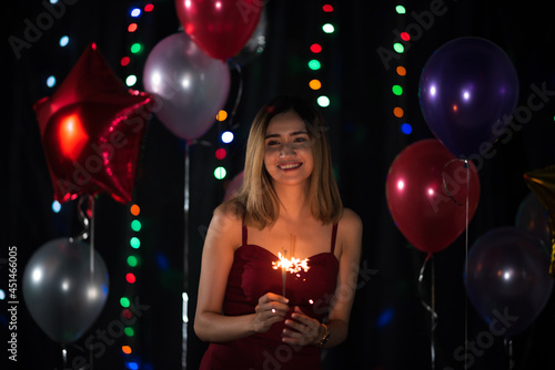 Portrait of asian friends, new year party, new year\'s gift, nightlife on holiday, happy and enjoy group of friends, lifestyle concept, balloon backdrop.fancy night.