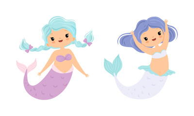 Sticker - Mermaid with Waving Hair Floating Underwater Vector Set