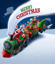 Christmas Illustration With Santa Claus Elves Reindeer And Nutcracker Snowman Carrying Gifts On Train