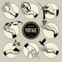 Set Of Round Icons In Vintage Engraving Style With Hands And Accessories