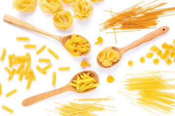 Sticker - Pasta collection food on white background. Raw pasta assortment